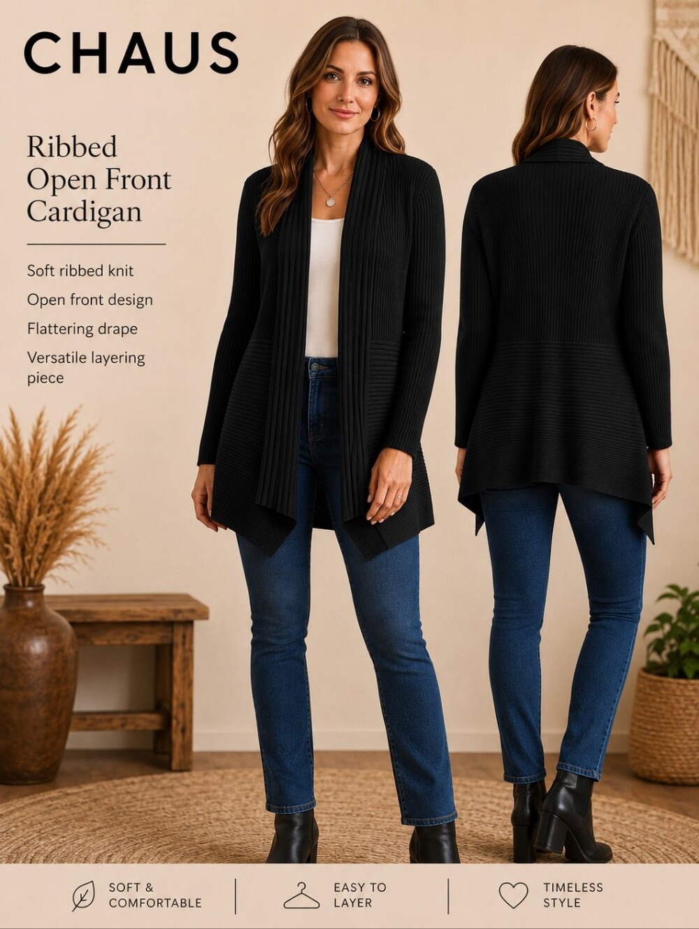 CHAUS Black Ribbed Open Front Longline Cardigan Sweater Drape Size XL